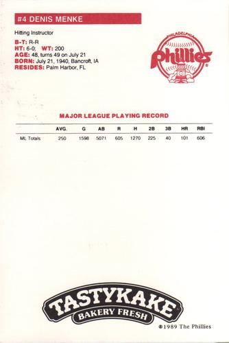 1989 Tastykake Philadelphia Phillies #NNO Denis Menke Back