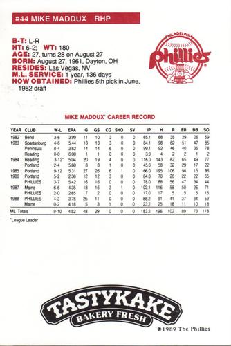 1989 Tastykake Philadelphia Phillies #NNO Mike Maddux Back