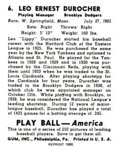 1988 1939 Play Ball Reprints #6 Leo Durocher Back
