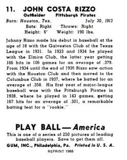 1988 1939 Play Ball Reprints #11 Johnny Rizzo Back