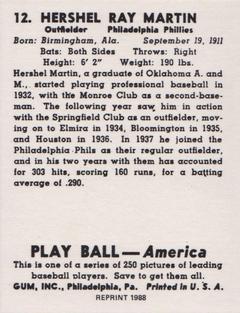 1988 1939 Play Ball Reprints #12 Hershel Martin Back