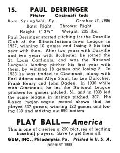 1988 1939 Play Ball Reprints #15 Paul Derringer Back