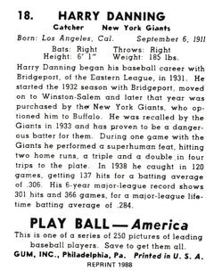 1988 1939 Play Ball Reprints #18 Harry Danning Back
