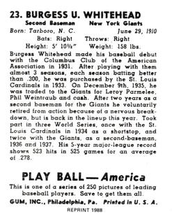 1988 1939 Play Ball Reprints #23 Burgess Whitehead Back