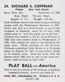 1988 1939 Play Ball Reprints #24 Richard Coffman Back