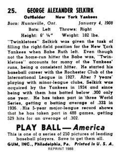 1988 1939 Play Ball Reprints #25 George Selkirk Back