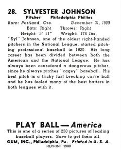 1988 1939 Play Ball Reprints #28 Syl Johnson Back