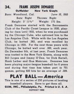 1988 1939 Play Ball Reprints #34 Frank Demaree Back