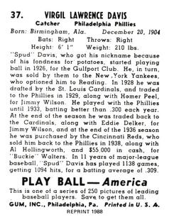 1988 1939 Play Ball Reprints #37 Spud Davis Back