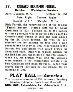 1988 1939 Play Ball Reprints #39 Rick Ferrell Back