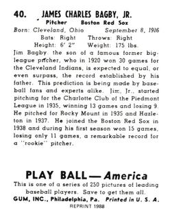 1988 1939 Play Ball Reprints #40 Jim Bagby Back
