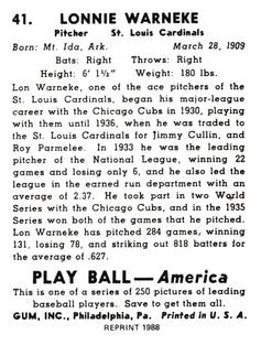 1988 1939 Play Ball Reprints #41 Lon Warneke Back