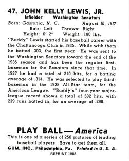 1988 1939 Play Ball Reprints #47 Buddy Lewis Back