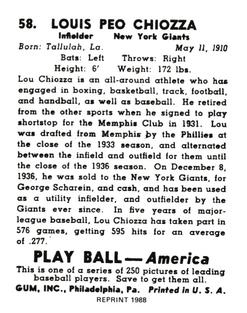 1988 1939 Play Ball Reprints #58 Lou Chiozza Back