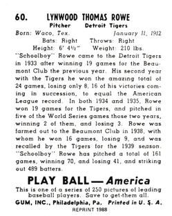 1988 1939 Play Ball Reprints #60 Schoolboy Rowe Back