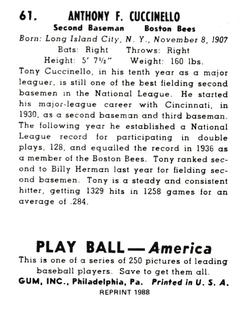 1988 1939 Play Ball Reprints #61 Tony Cuccinello Back