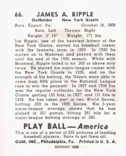 1988 1939 Play Ball Reprints #66 Jimmy Ripple Back