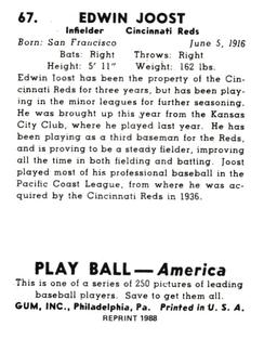 1988 1939 Play Ball Reprints #67 Eddie Joost Back