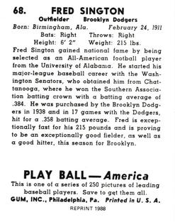 1988 1939 Play Ball Reprints #68 Fred Sington Back