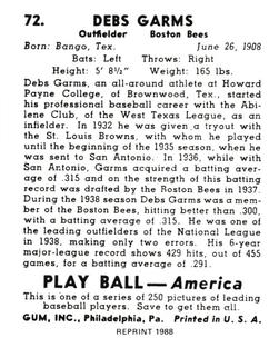 1988 1939 Play Ball Reprints #72 Debs Garms Back