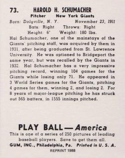 1988 1939 Play Ball Reprints #73 Hal Schumacher Back