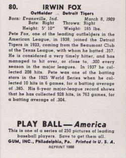1988 1939 Play Ball Reprints #80 Pete Fox Back