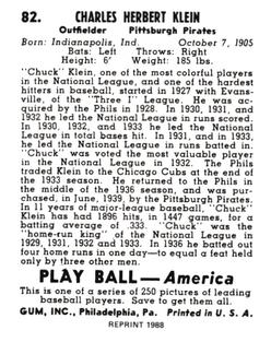 1988 1939 Play Ball Reprints #82 Chuck Klein Back