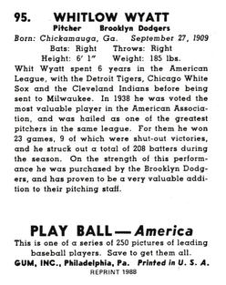 1988 1939 Play Ball Reprints #95 Whit Wyatt Back