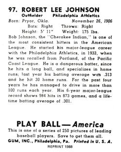 1988 1939 Play Ball Reprints #97 Bob Johnson Back