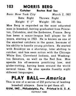1988 1939 Play Ball Reprints #103 Morris Berg Back
