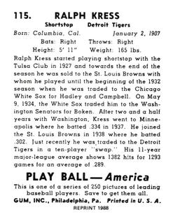 1988 1939 Play Ball Reprints #115 Red Kress Back
