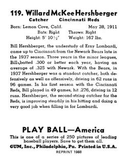 1988 1939 Play Ball Reprints #119 Willard Hershberger Back