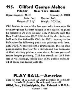 1988 1939 Play Ball Reprints #125 Cliff Melton Back