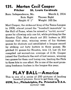 1988 1939 Play Ball Reprints #131 Mort Cooper Back