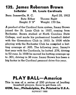 1988 1939 Play Ball Reprints #132 Jimmy Brown Back