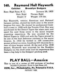1988 1939 Play Ball Reprints #140 Ray Hayworth Back