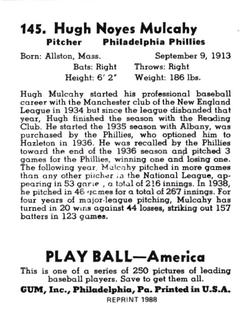 1988 1939 Play Ball Reprints #145 Hugh Mulcahy Back