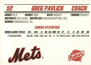 1995 Kahn's New York Mets #NNO Greg Pavlick Back