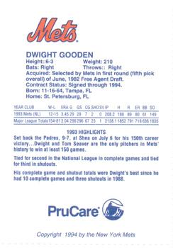 1994 PruCare New York Mets #NNO Dwight Gooden Back