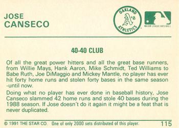 1991 Star Silver #115 Jose Canseco Back