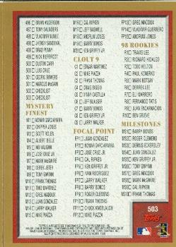 1998 Topps #503 Checklist: 443-503 and Inserts Back