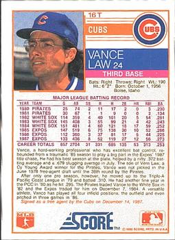 1988 Score Rookie & Traded #16T Vance Law Back