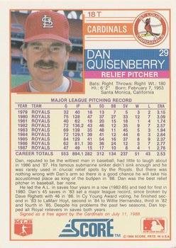 1988 Score Rookie & Traded #18T Dan Quisenberry Back
