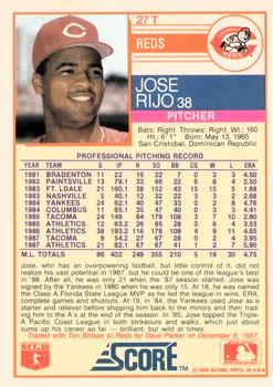 1988 Score Rookie & Traded #27T Jose Rijo Back