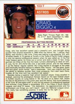1988 Score Rookie & Traded #103T Craig Biggio Back