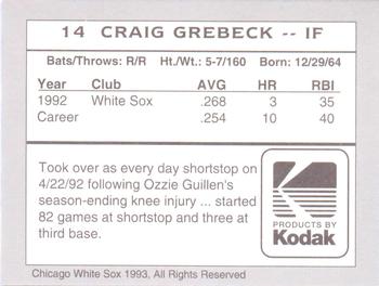 1993 Kodak Chicago White Sox #14 Craig Grebeck Back