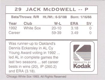 1993 Kodak Chicago White Sox #29 Jack McDowell Back