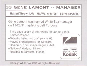 1993 Kodak Chicago White Sox #33 Gene Lamont Back