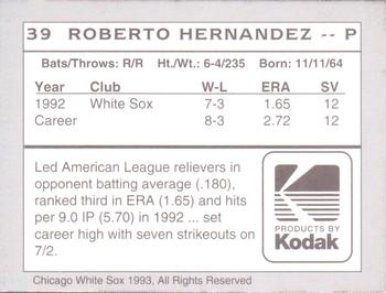 1993 Kodak Chicago White Sox #39 Roberto Hernandez Back