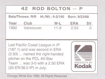 1993 Kodak Chicago White Sox #42 Rod Bolton Back